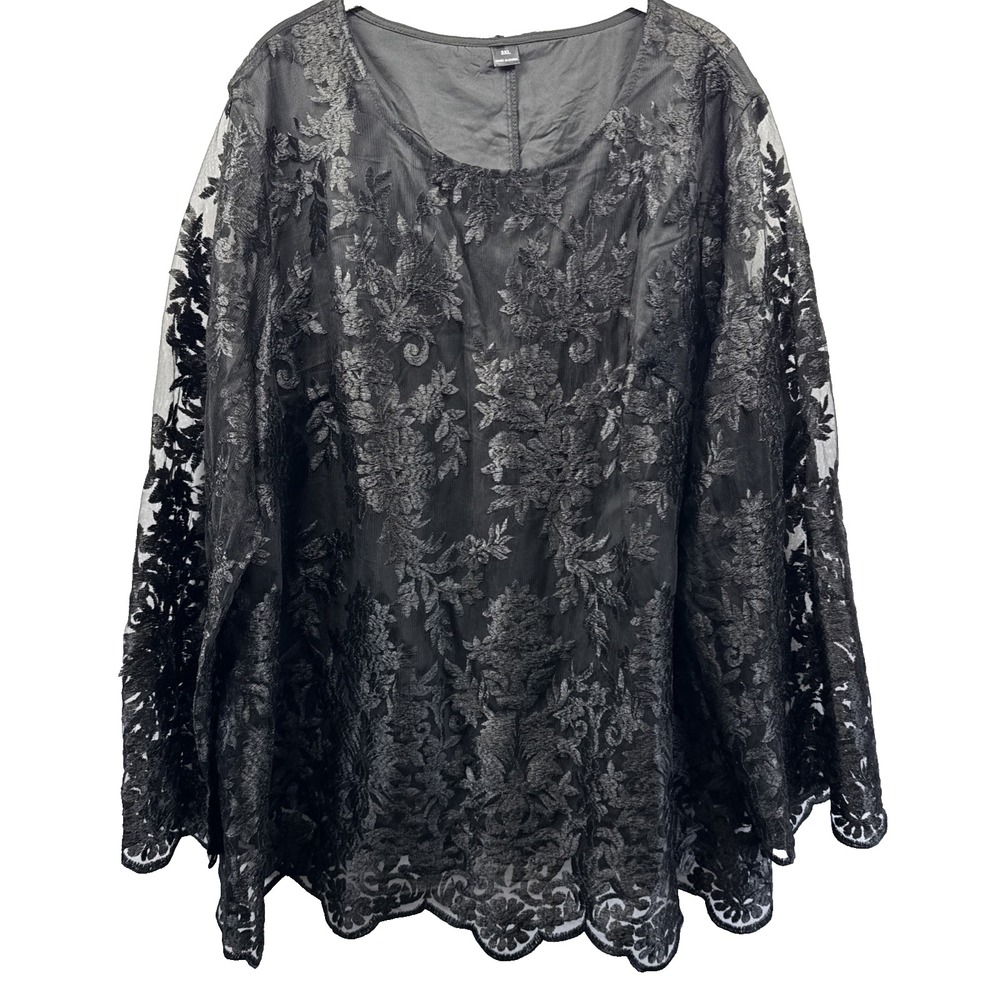 Shein Women Top 2X Plus Black Floral Sheer Whimsigoth Gothic Lined Blouse A10984